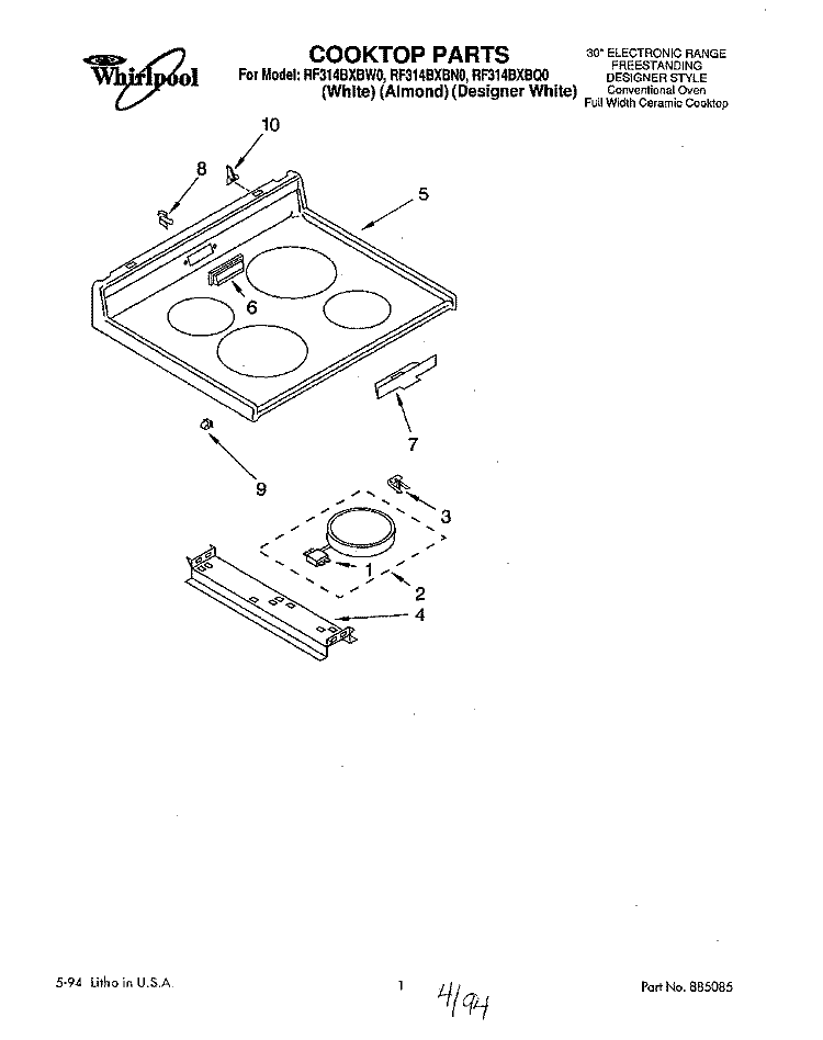 COOKTOP, LITERATURE Diagram and Parts List for RF314BXBN0  Whirlpool Range