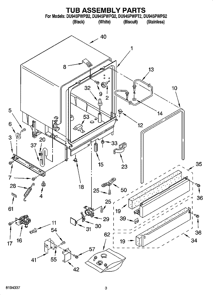 TUB ASSEMBLY PARTS Diagram and Parts List for DU945PWPQ2  Whirlpool Dishwasher
