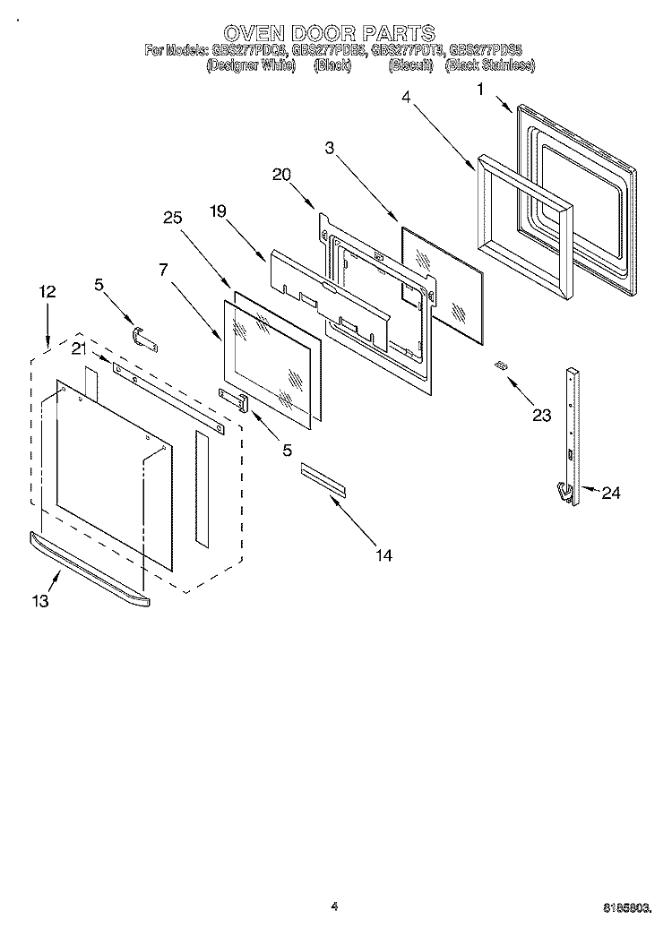 OVEN DOOR Diagram and Parts List for GBS277PDQ5  Whirlpool Wall Oven