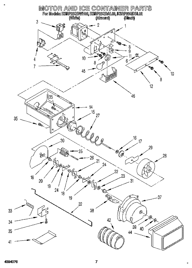 MOTOR AND ICE CONTAINER Diagram and Parts List for KSRP25QDWH02  KitchenAid Refrigerator