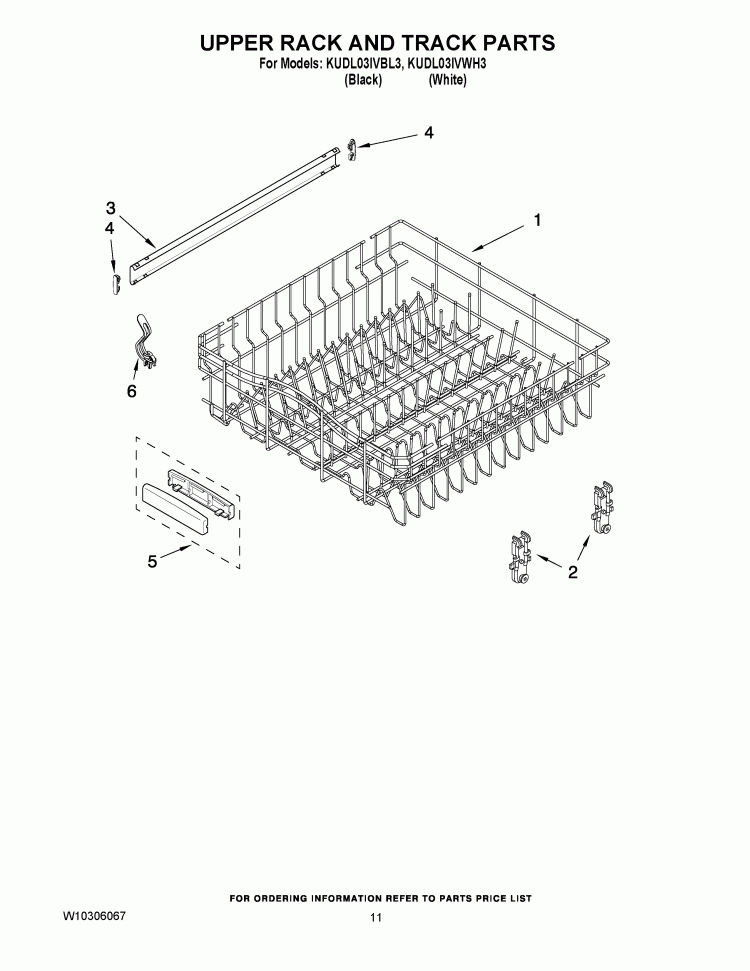UPPER RACK AND TRACK PARTS Diagram and Parts List for KUDL03IVWH3  KitchenAid Dishwasher