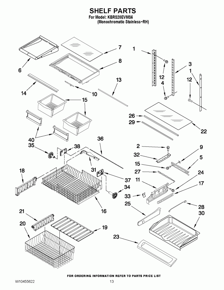 SHELF PARTS Diagram and Parts List for KBRS20EVMS6  KitchenAid Refrigerator