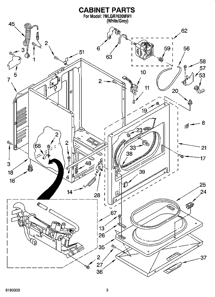 CABINET PARTS Diagram and Parts List for 7MLGR7620MW1  Whirlpool Dryer