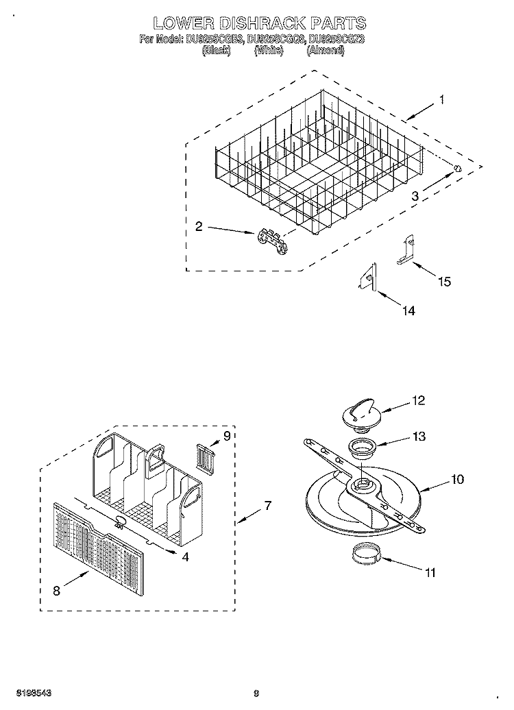 LOWER DISHRACK Diagram and Parts List for DU925SCGQ3  Whirlpool Dishwasher
