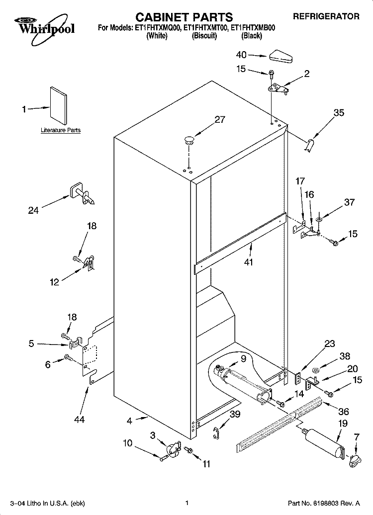 CABINET PARTS Diagram and Parts List for ET1FHTXMQ00  Whirlpool Refrigerator