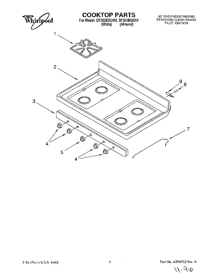 COOKTOP Diagram and Parts List for SF302BSEW0  Whirlpool Range