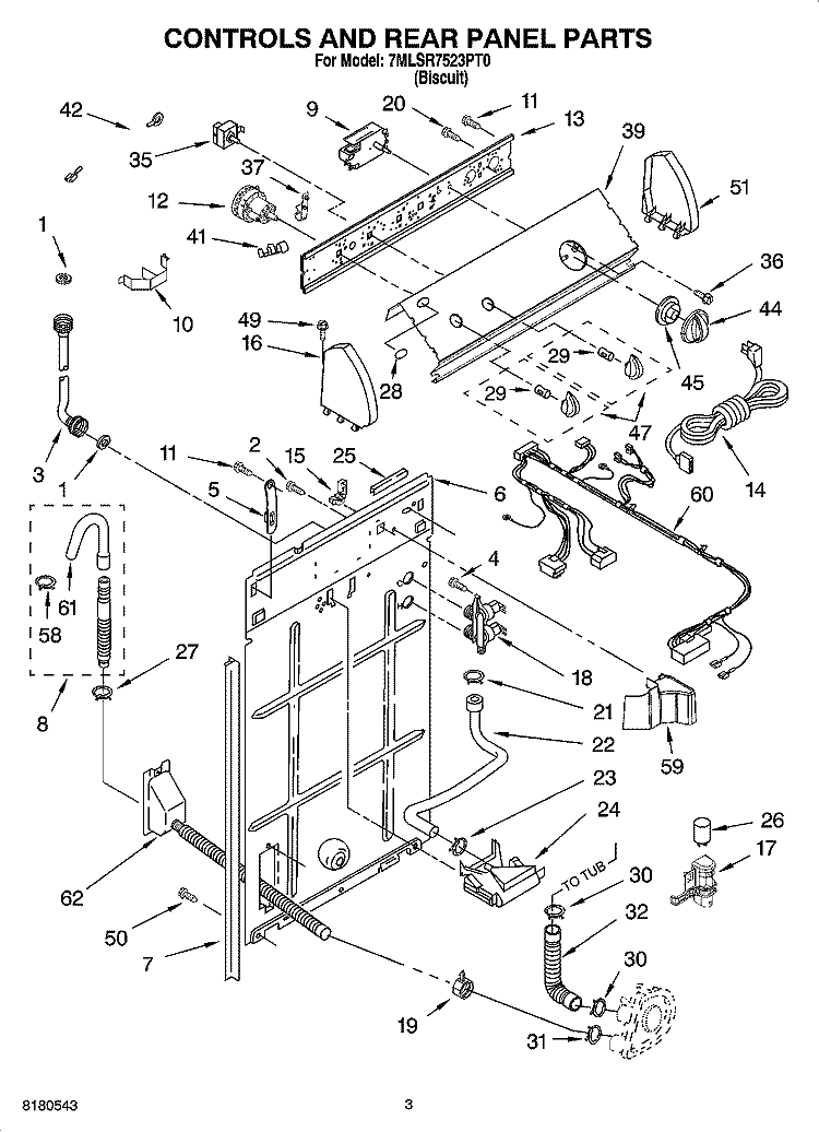 CONTROLS AND REAR PANEL PARTS Diagram and Parts List for 7MLSR7523PT0  Whirlpool Washer
