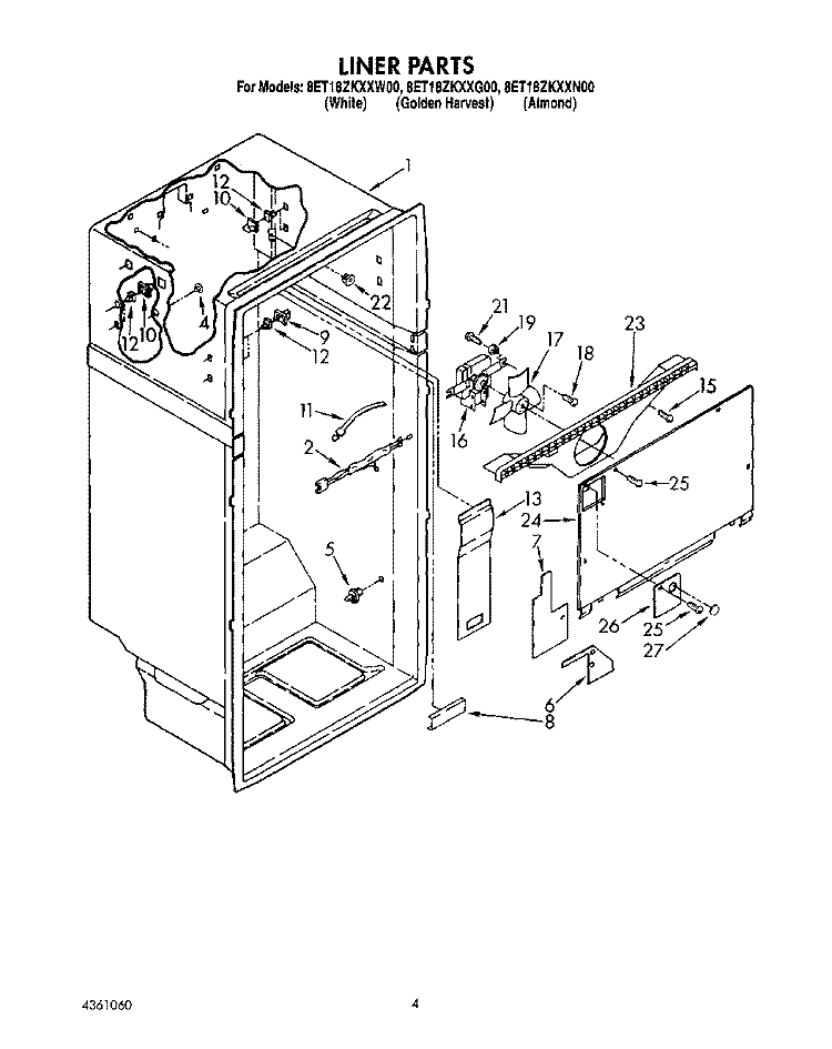 LINER Diagram and Parts List for 8ET18ZKXXG00  Whirlpool Refrigerator