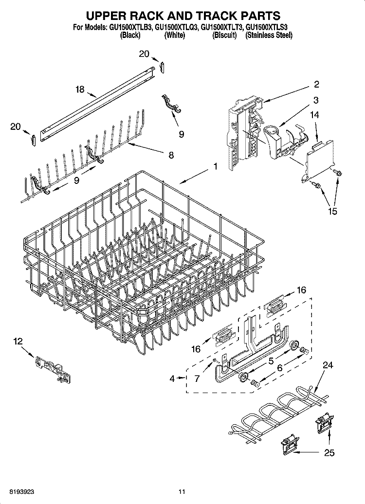 UPPER RACK AND TRACK PARTS Diagram and Parts List for GU1500XTLQ3  Whirlpool Dishwasher