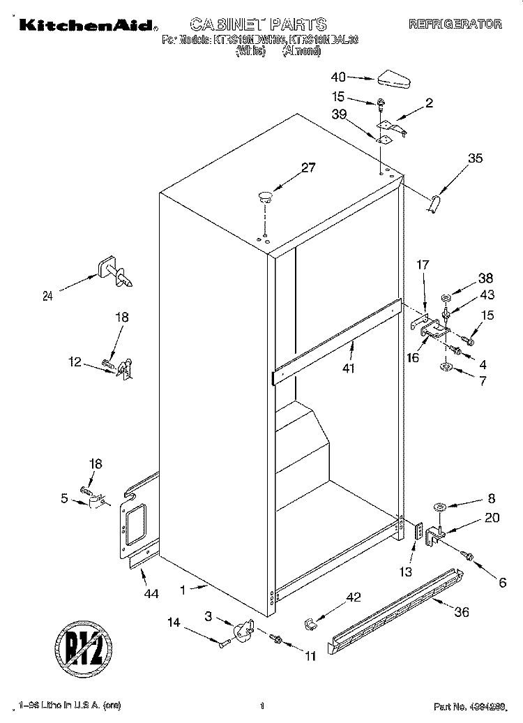 CABINET Diagram and Parts List for KTRS19MDWH03  KitchenAid Refrigerator
