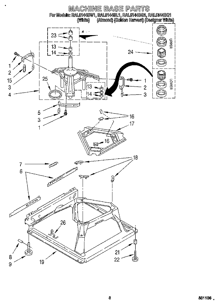 MACHINE BASE Diagram and Parts List for RAL5144BG1  Whirlpool Washer