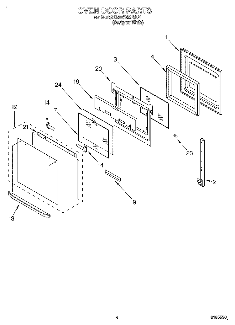 OVEN DOOR Diagram and Parts List for 8RBS245PDQ1  Whirlpool Wall Oven