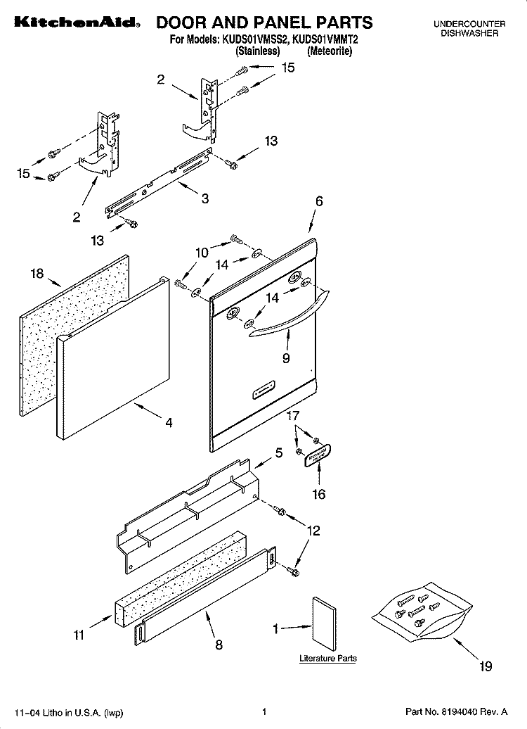 DOOR AND PANEL PARTS Diagram and Parts List for KUDS01VMMT2  KitchenAid Dishwasher