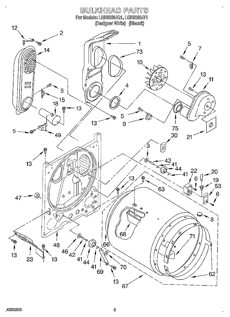 BULKHEAD Diagram and Parts List for LGN2000JQ1  Whirlpool Dryer