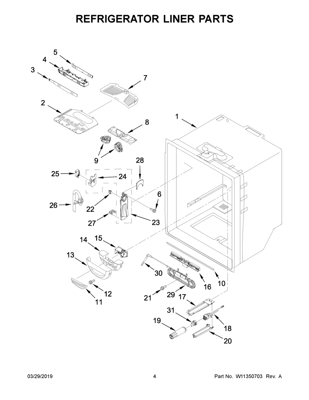 Refrigerator Liner Parts Diagram and Parts List for KRFF302ESS02  Whirlpool Refrigerator