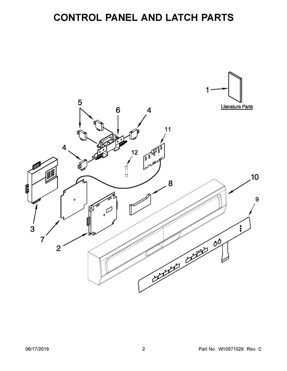 Control Panel And Latch Parts Diagram and Parts List for WDF518SAAM0  Whirlpool Dishwasher