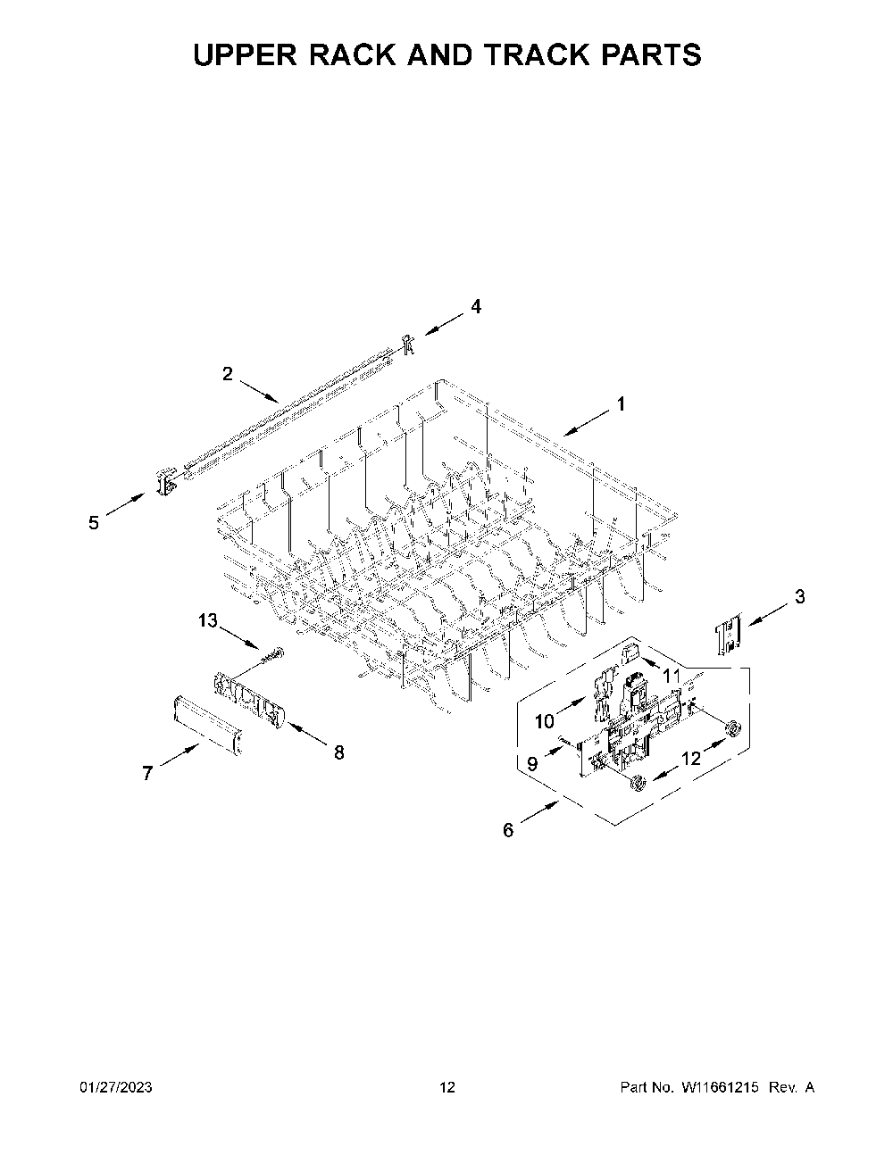 Upper Rack And Track Parts Diagram and Parts List for KDFE204KBL1  KitchenAid Dishwasher