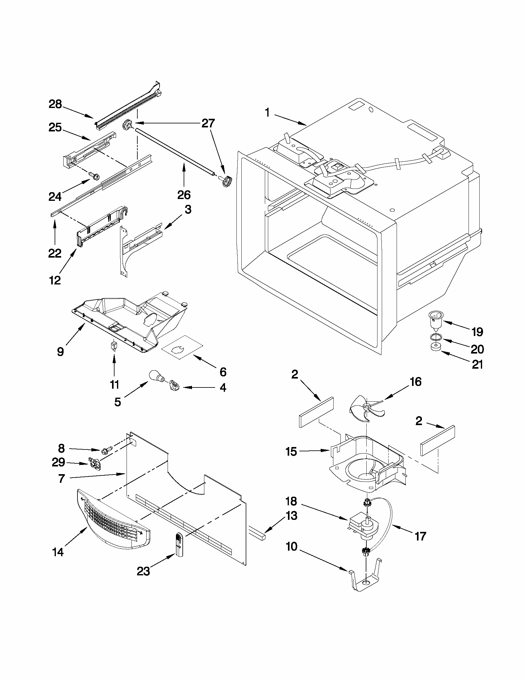 Freezer Liner Parts Diagram and Parts List for 59669989011  Kenmore Refrigerator
