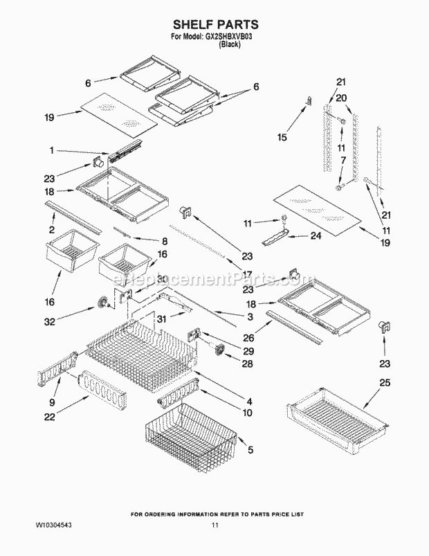 Shelf Parts Diagram and Parts List for W10304543A  Whirlpool Refrigerator