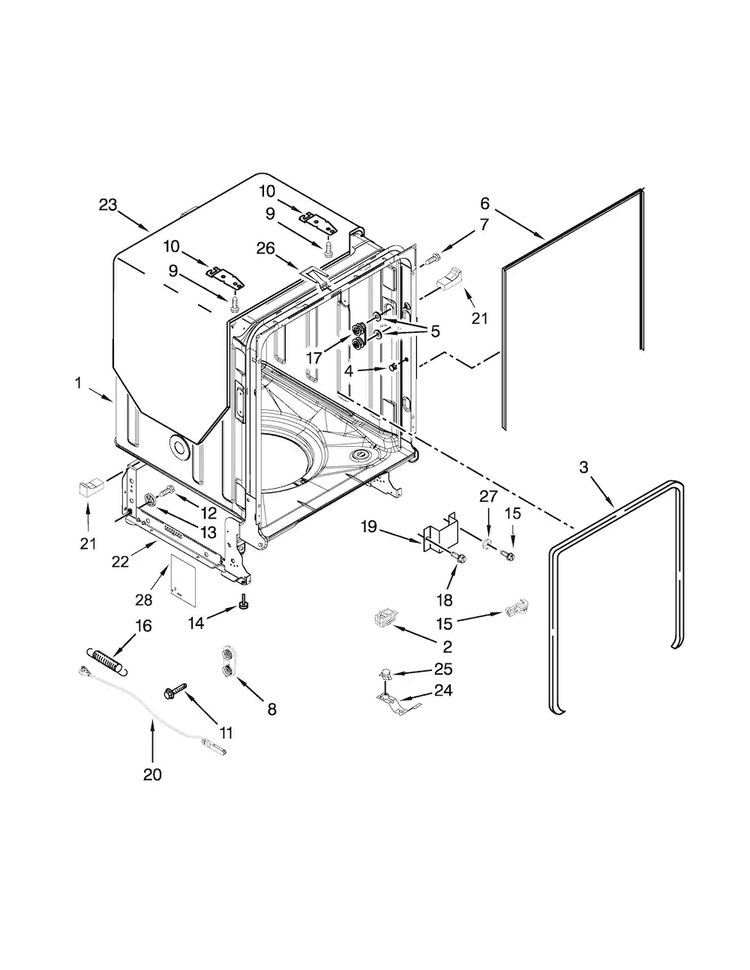 Tub And Frame Parts Diagram and Parts List for WDF750SAYW3  Whirlpool Dishwasher