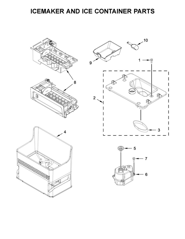 Icemaker And Ice Container Parts Diagram and Parts List for WRF964CIHM00  Whirlpool Refrigerator