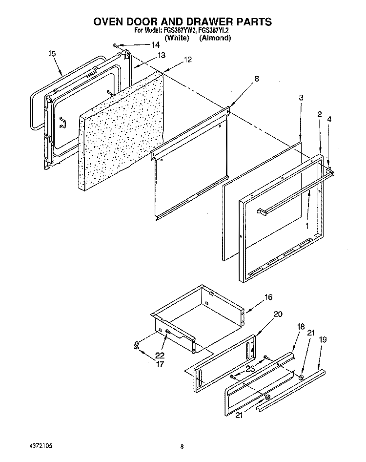 OVEN DOOR AND DRAWER Diagram and Parts List for FGS387YW2  Roper Range