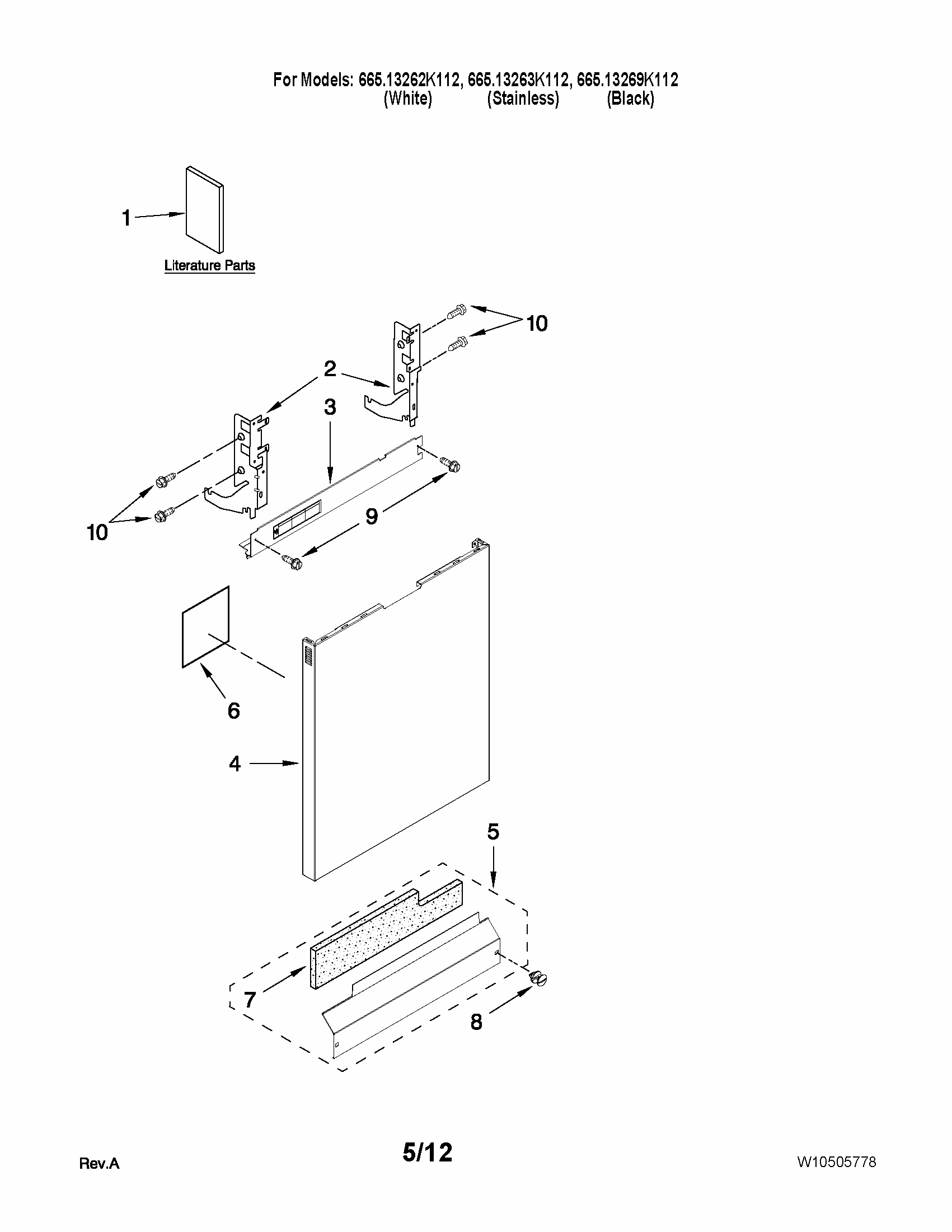 Door And Panel Parts Diagram and Parts List for 66513262K112  Kenmore Dishwasher