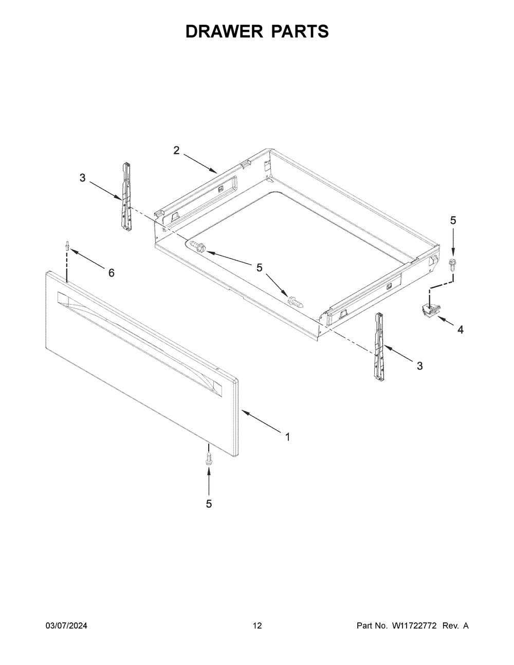 Drawer Parts Diagram and Parts List for WFGS3530RW0  Whirlpool Range