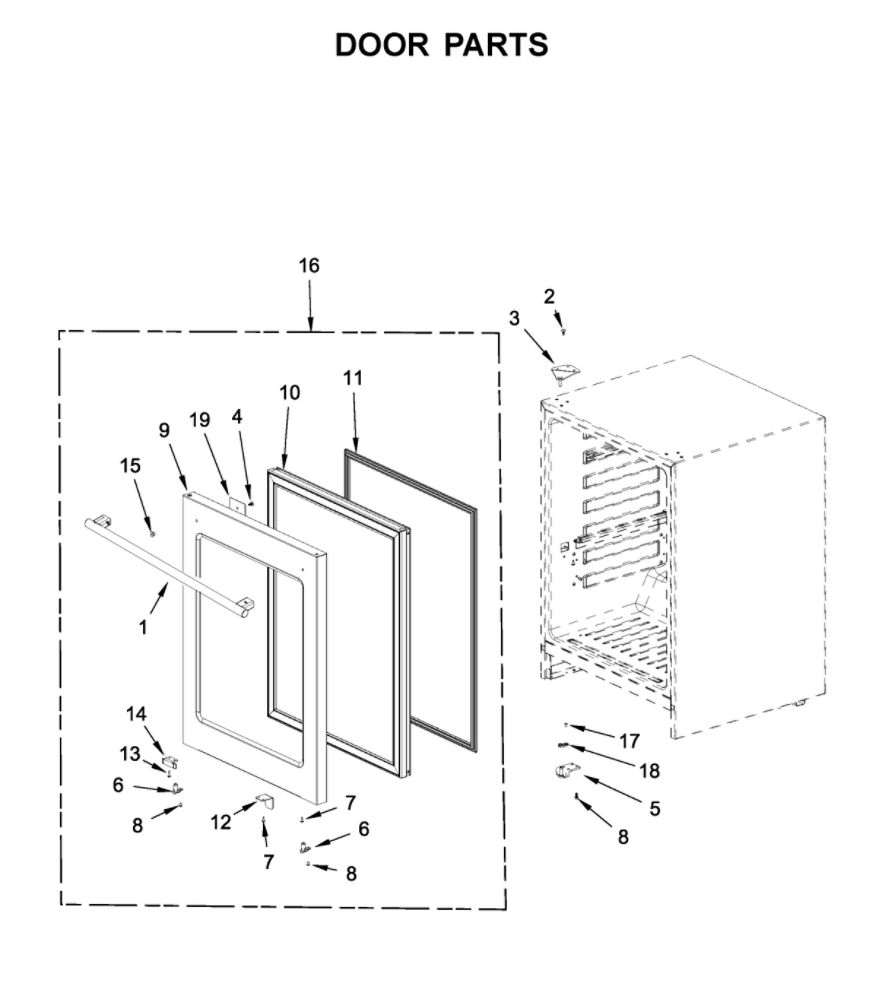Door Parts Diagram and Parts List for WUB35X24HZ00  Whirlpool Wine and Beverage Cooler