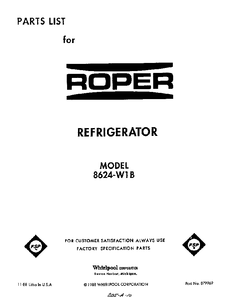 Front Cover Diagram and Parts List for 8624*1B  Roper Refrigerator