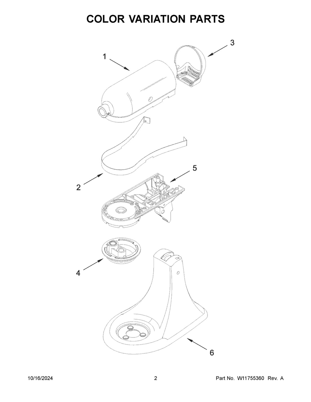 02 - Color Variation Parts Diagram and Parts List for 5K45SSBWH5  Whirlpool Mixer