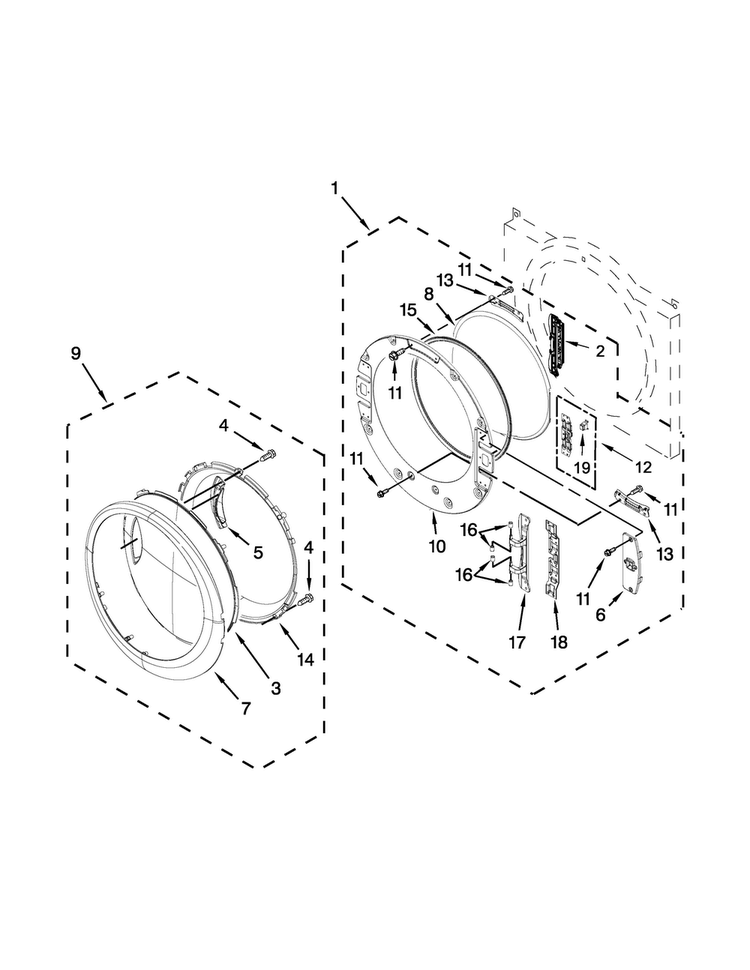 Door Parts Diagram and Parts List for WGD95HEDU1  Whirlpool Dryer