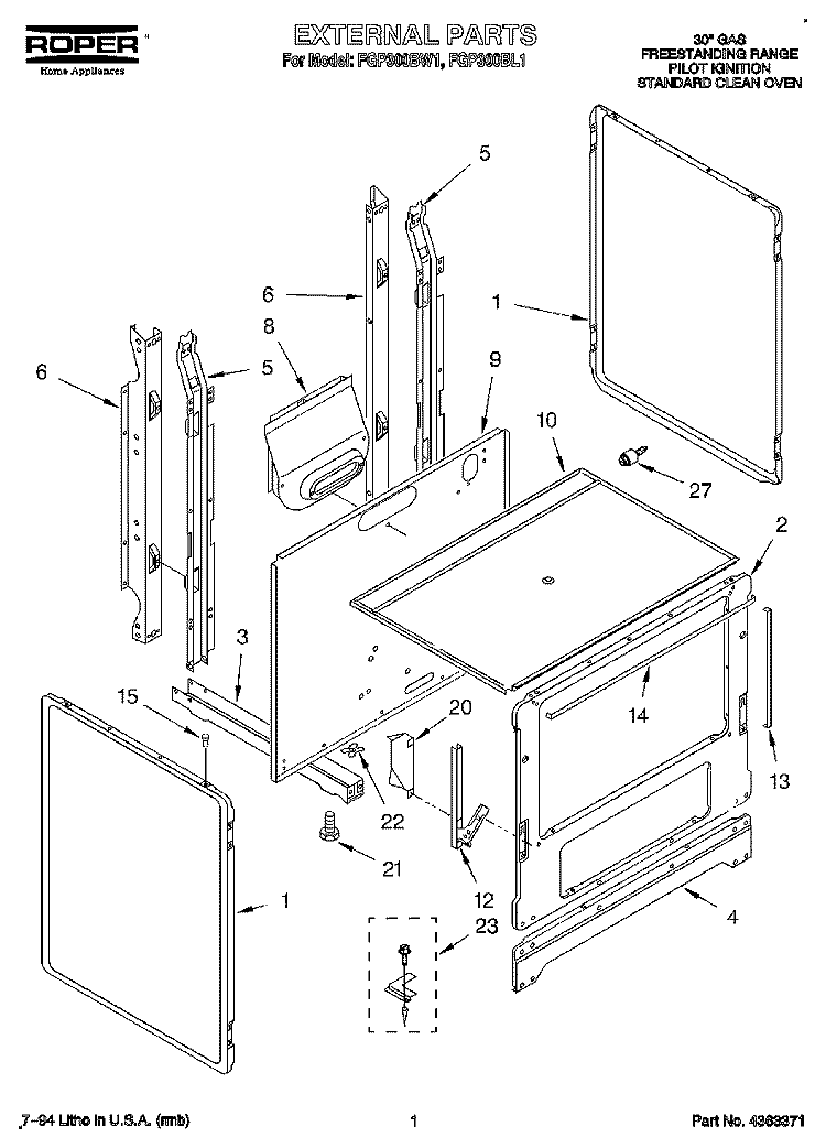 EXTERNAL Diagram and Parts List for FGP300BL1  Roper Range