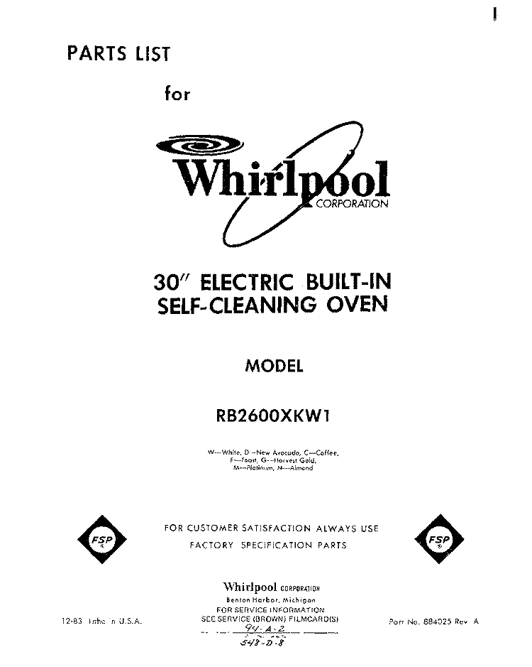 SECTION Diagram and Parts List for RB2600XKW1  Whirlpool Wall Oven