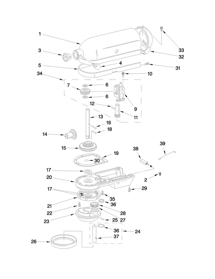 Case, Gearing And Planetary Unit Parts Diagram and Parts List for 5KPM5CER0  KitchenAid Mixer
