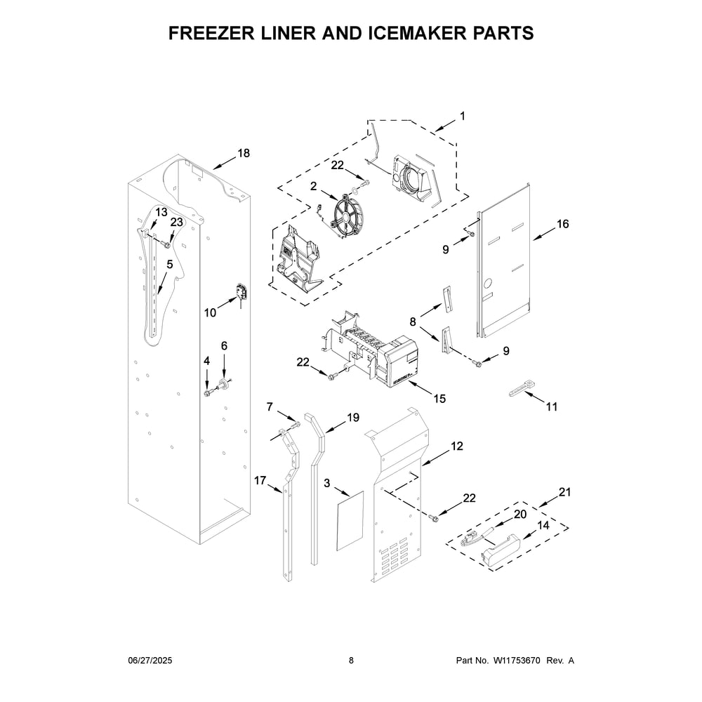 Freezer Liner And Icemaker Parts Diagram and Parts List for KBSN708MPS01  KitchenAid Refrigerator