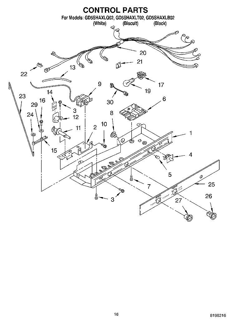 CONTROL PARTS Diagram and Parts List for GD5SHAXLT02  Whirlpool Refrigerator