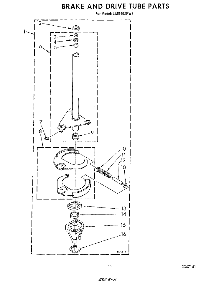 BRAKE AND DRIVE TUBE Diagram and Parts List for LA5530XPW7  Whirlpool Washer