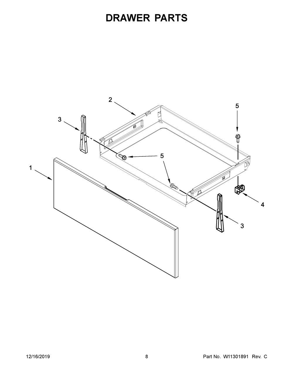 Drawer Parts Diagram and Parts List for WEE510S0FS2  Whirlpool Range