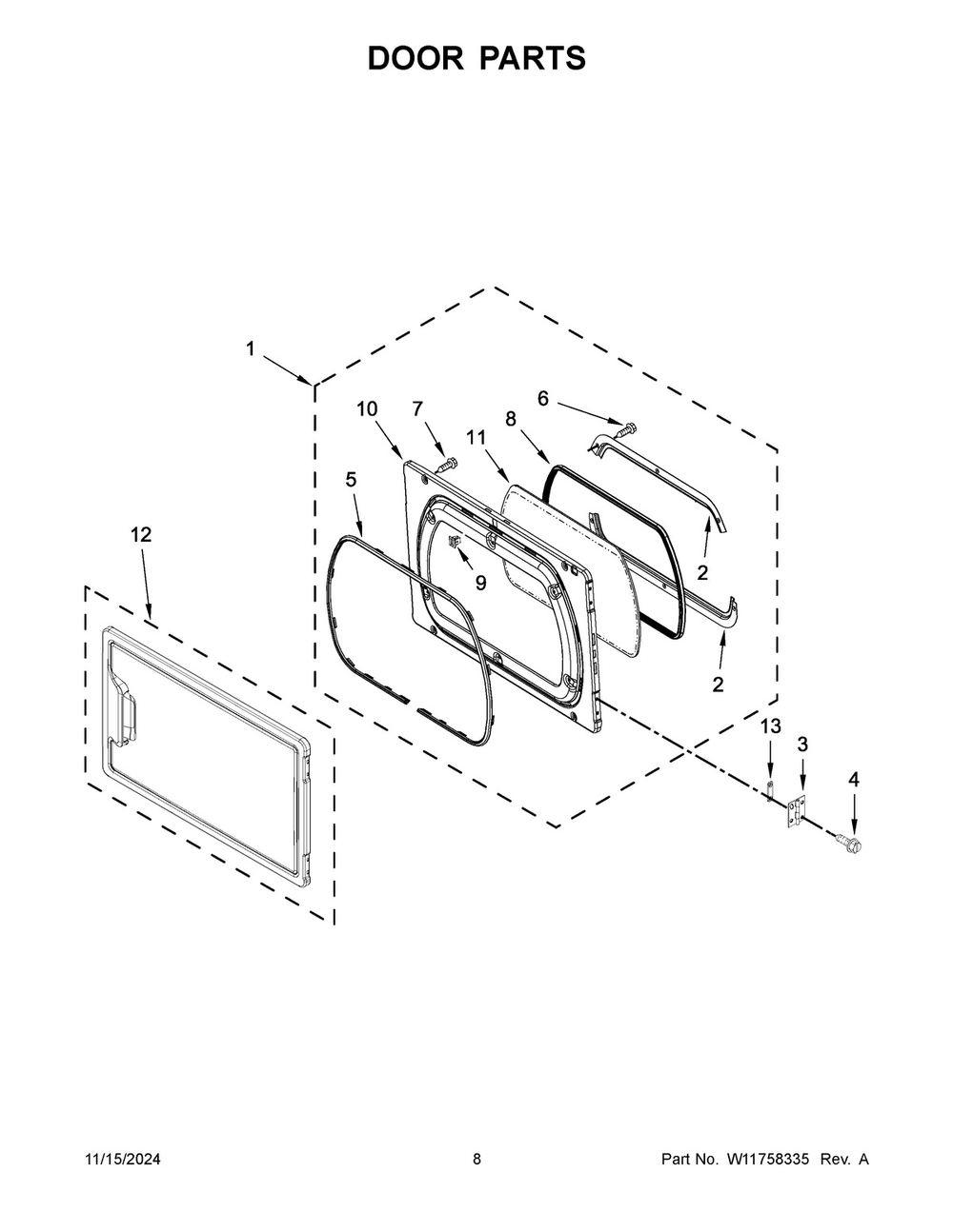 05 - Door Parts Diagram and Parts List for MLE27PDFYW0  Whirlpool Dryer