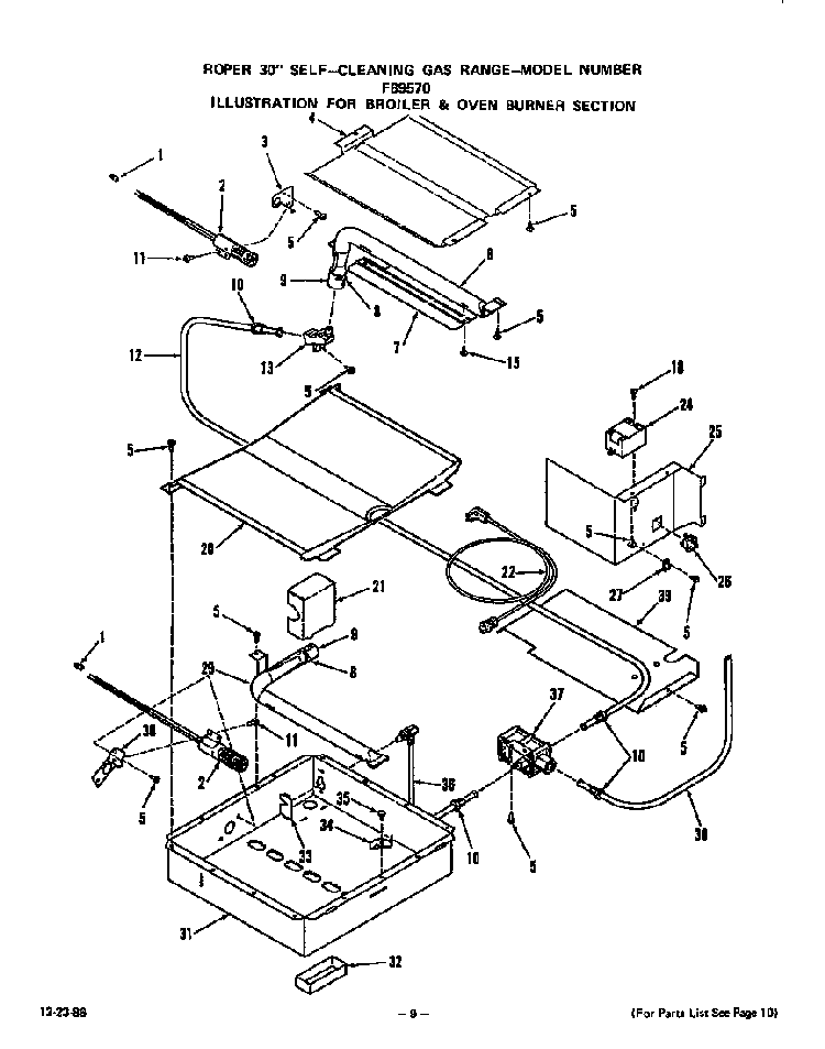 Broiler And Oven Burner Diagram and Parts List for F8957*0  Roper Range