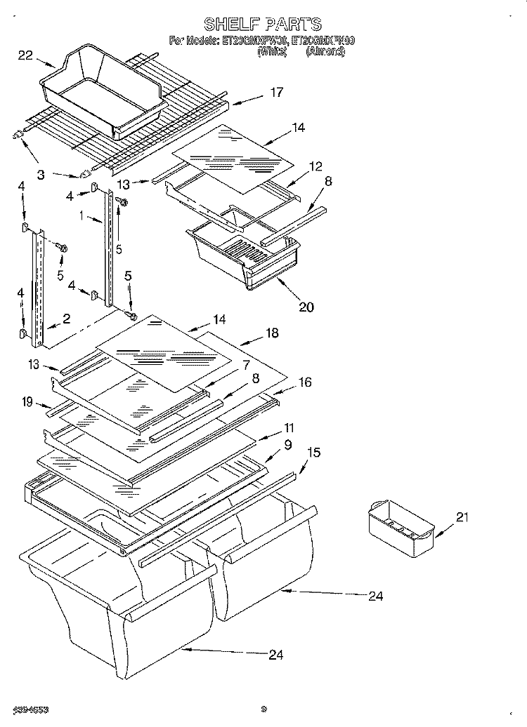 SHELF Diagram and Parts List for ET20GMXFN00  Whirlpool Refrigerator