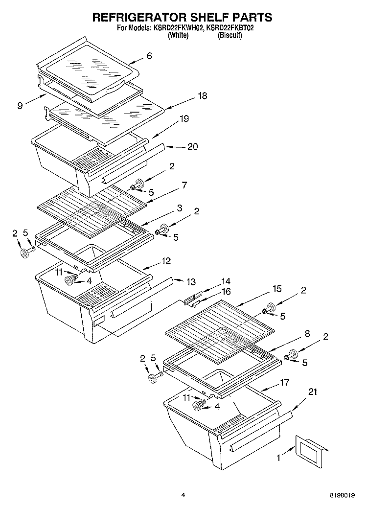 REFRIGERATOR SHELF Diagram and Parts List for KSRD22FKBT02  KitchenAid Refrigerator