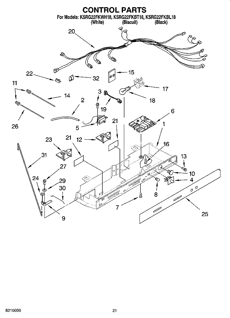CONTROL PARTS, OPTIONAL PARTS (NOT INCLUDED) Diagram and Parts List for KSRG22FKBT18  KitchenAid Refrigerator