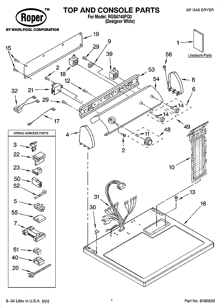 TOP AND CONSOLE PARTS Diagram and Parts List for RGS6745PQ0  Roper Dryer