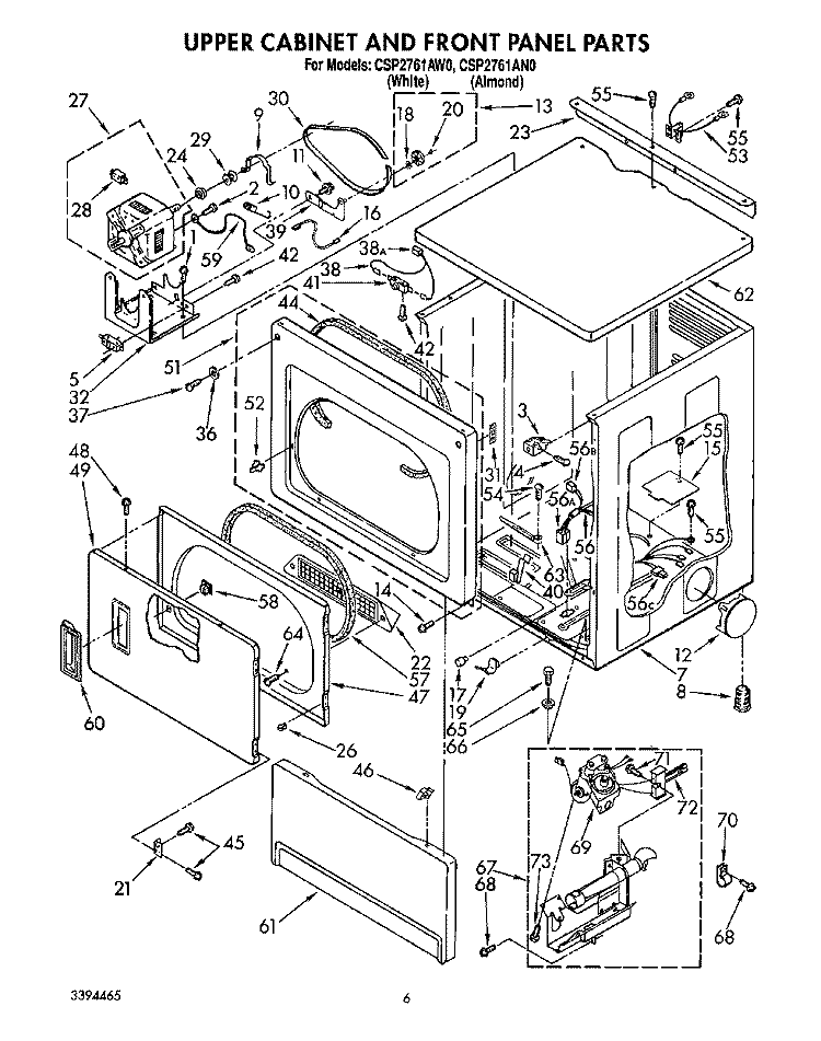 UPPER CABINET AND FRONT PANEL Diagram and Parts List for CSP2761AN0  Whirlpool Dryer