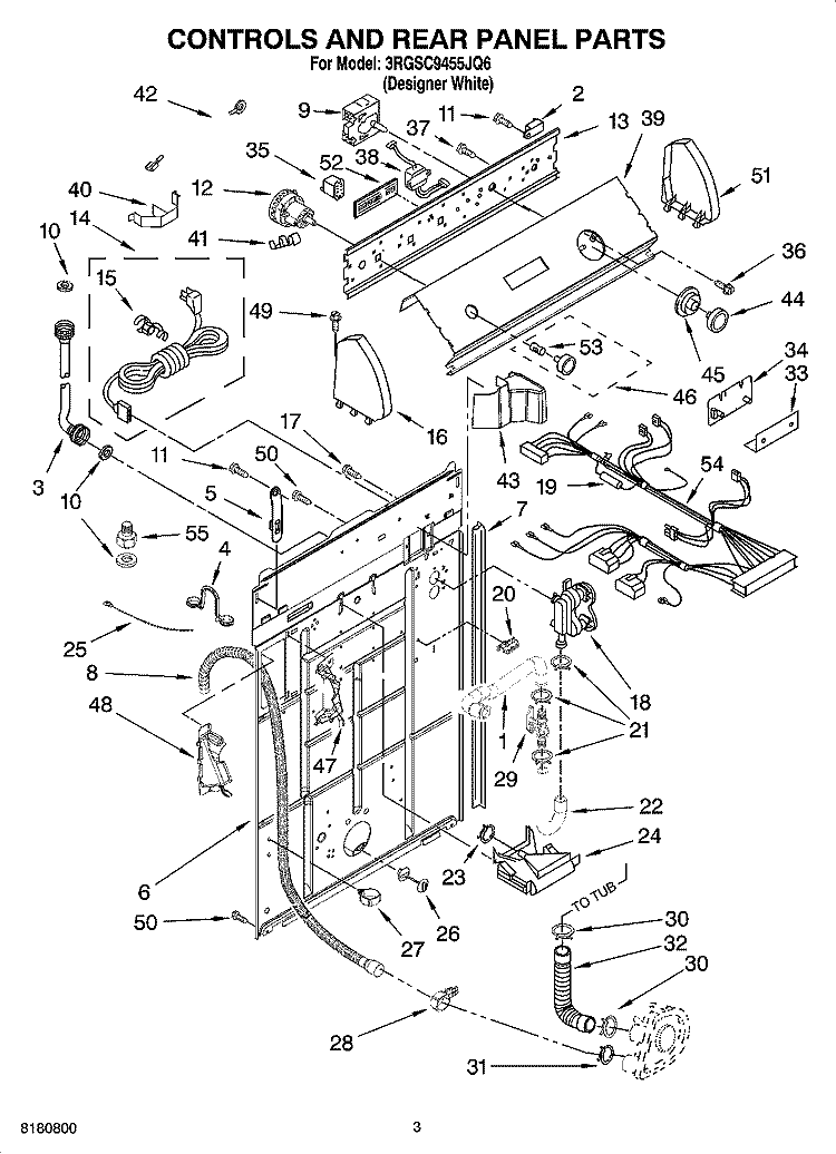 CONTROLS AND REAR PANEL PARTS Diagram and Parts List for 3RGSC9455JQ6  Whirlpool Washer
