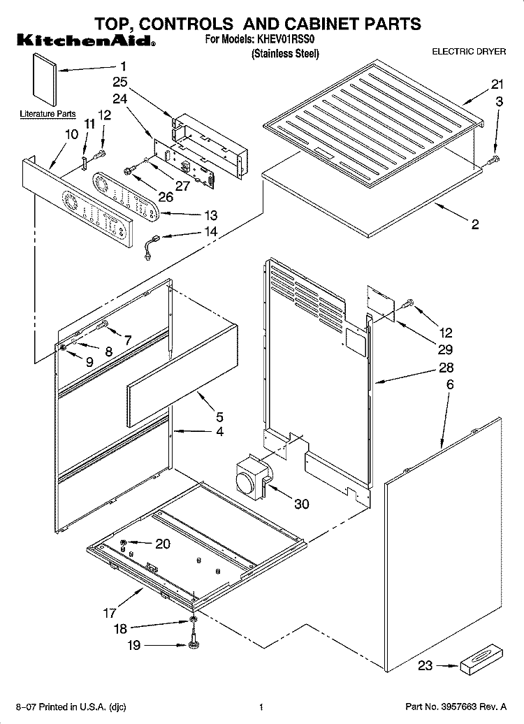 TOP, CONTROLS AND CABINET PARTS Diagram and Parts List for KHEV01RSS0  KitchenAid Dryer