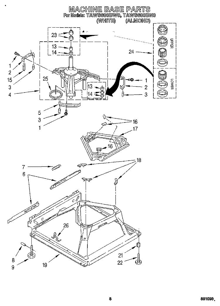 MACHINE BASE Diagram and Parts List for TAWS680BW0  Estate Washer