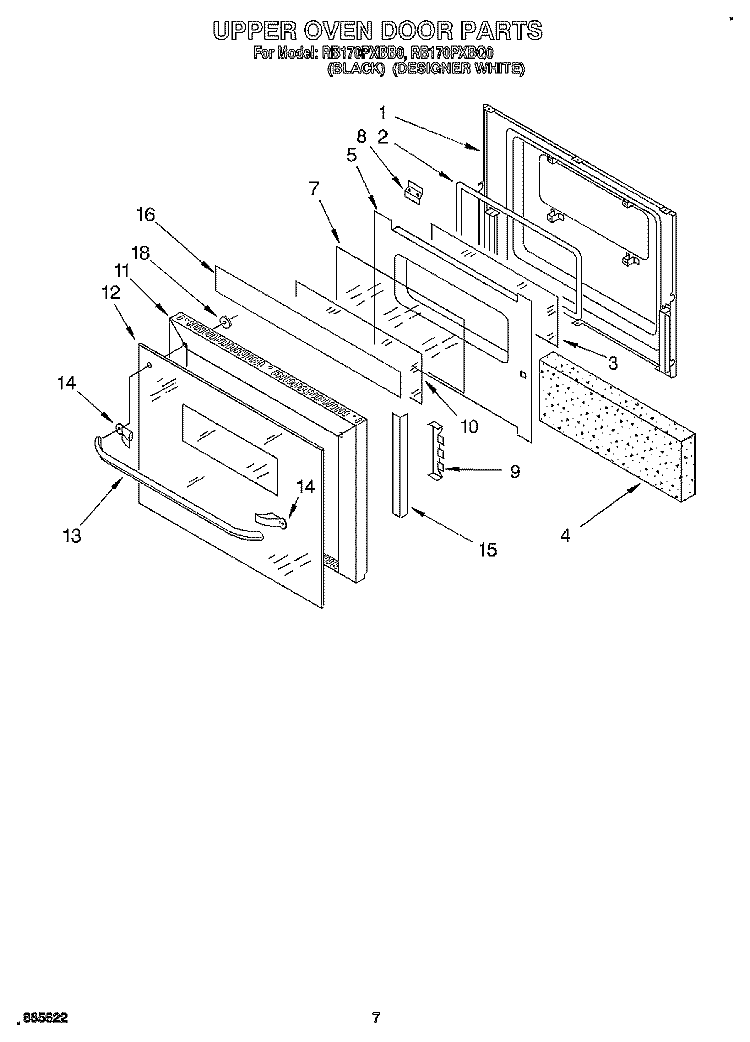 UPPER OVEN DOOR Diagram and Parts List for RB170PXBB0  Whirlpool Wall Oven
